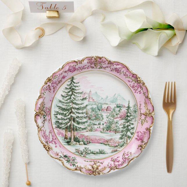 Prato De Papel Jantar de Férias Rococó Rosa Elegante (Casamento)