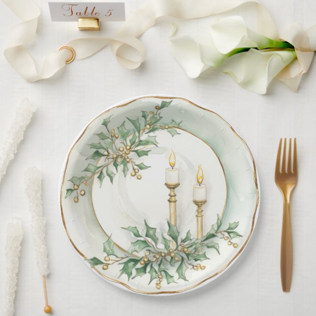 Prato De Papel Jantar Velas de Férias Elegantes (Casamento)