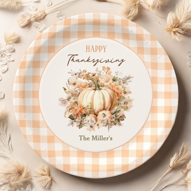 Prato De Papel Janto de Ação de Graças Pumpkin Gingham Pastel (Thanksgiving Dinner Pumpkin Gingham Pastel Paper Plates)
