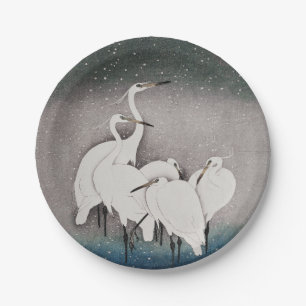 Prato De Papel Japonês Egrets Koson Cranes Winter Snow