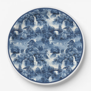 Prato De Papel Jardim d'água japonês em porcelana branca azul