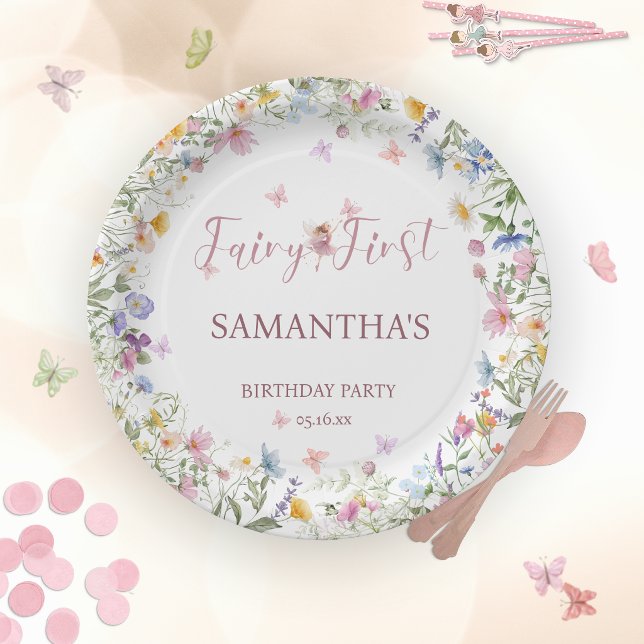 Prato De Papel Jardim de Fadas das Flores Silvestres 1º Aniversár (Wildflower Fairy Garden 1st Birthday Paper Plates)