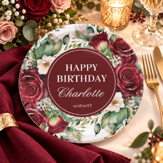 Prato De Papel Jardim de Rosas em Aquarela Burgundy Elegante