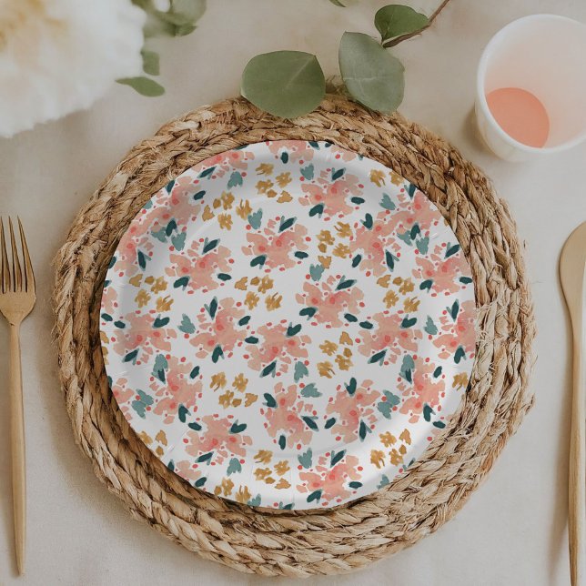Prato De Papel Jardim Floral Aquarela Rosa (Pink watercolor floral garden baby or bridal shower paper plates.)