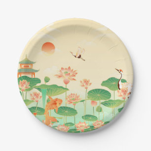 Prato De Papel Jardim Japonês Koi Lago e Nenúfares Arte