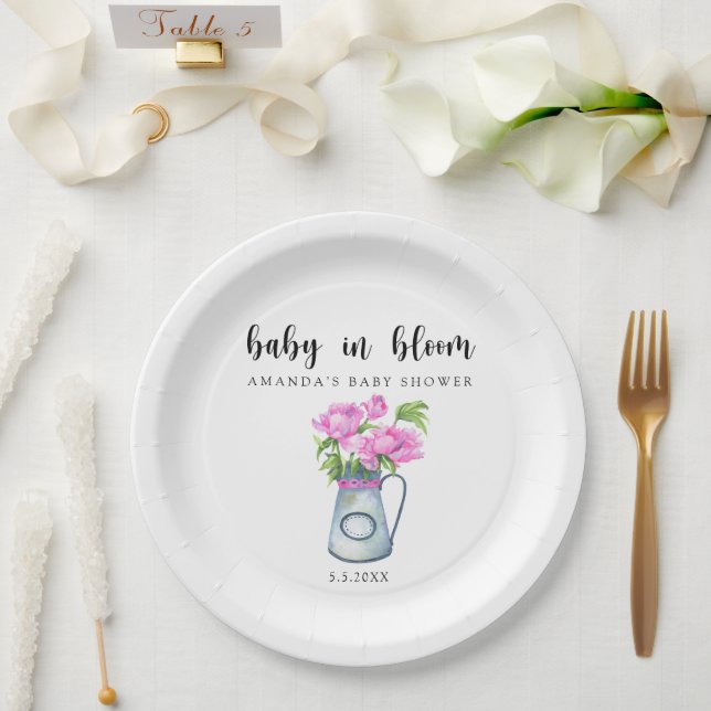 Prato De Papel Jarra de aguarela de flores - bebê em flor  (Casamento)