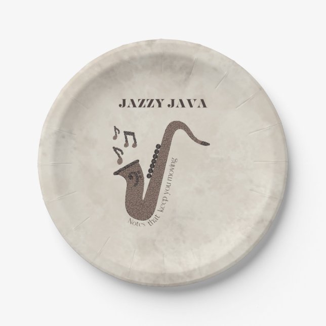 Prato De Papel Jazzy Java-Grãos de Café-Saxofone- (Frente)
