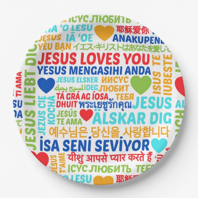 Prato De Papel Jesus Ama Você Idiomas (Frente)