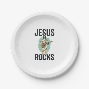 Prato De Papel Jesus Rocks Guitar Vintage Cristão Desenho de Grav