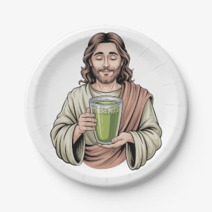 Prato De Papel Jesus segurando um cristão de bebida verde Matcha