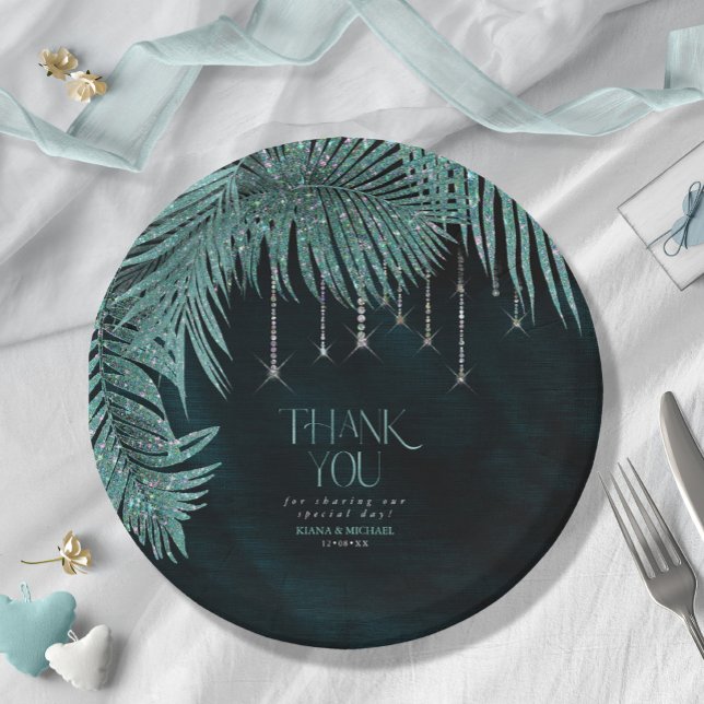 Prato De Papel Jewel Palm Leaf Wedding Teal V2 ID830 (Criador carregado)
