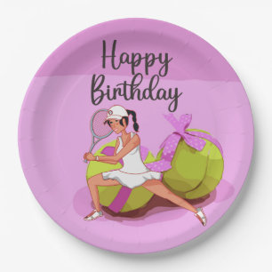 Prato De Papel Jogadora de tênis, rosa, feliz aniversário