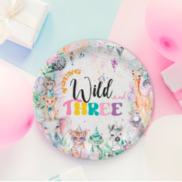 Prato De Papel Jovem Selvagem e Três Animais Safari Aniversário