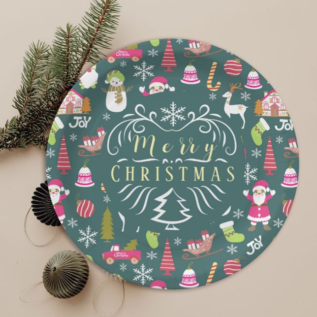 Prato De Papel Joy Christmas Green (Cute Christmas joy party plate. )