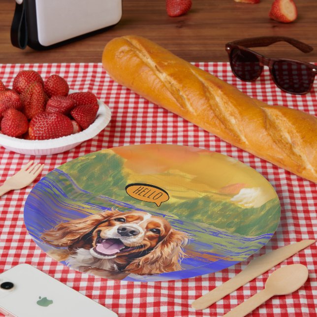 Prato De Papel Joyful Cavalier King Charles Spaniel in Watercolo  (Piquenique)