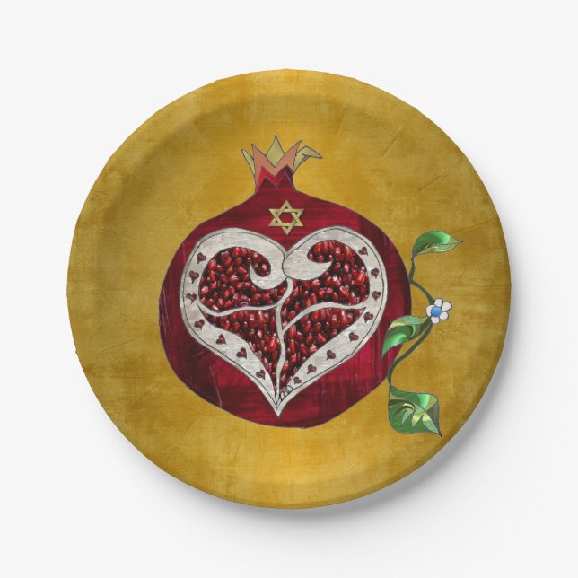 Prato De Papel Judaica Pomegranate Heart Hanukkah Rosh Hashanah (Frente)