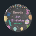 Prato De Papel Jump Birthday Chalkboard Kid Trampoline Party<br><div class="desc">Personalize este incrível adesivo do Jump Birthday Chalkboard Kid Trampoline Party com seus detalhes de forma fácil e rápida. Todos os textos são editáveis! Para personalização mais avançada deste design,  basta selecionar o botão 'Personalizar ele / Personalizar este modelo' acima! Itens correspondentes disponíveis na coleção!</div>