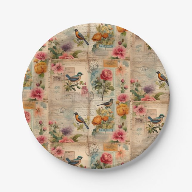 Prato De Papel Junk Journal Seite mit Blumen + Vögel -  (Frente)