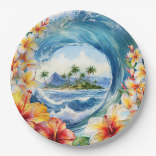 Prato De Papel Kai Aloha Hibiscus Aquarela Onda 