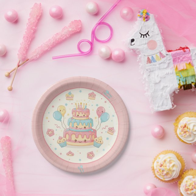 Prato De Papel Kawaii Birthday - Cute Cake and Cupcakes (Festa)