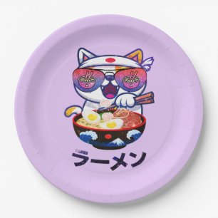 Prato De Papel Kawaii Cat Eating Ramen - Bonitos Noodles Japonese