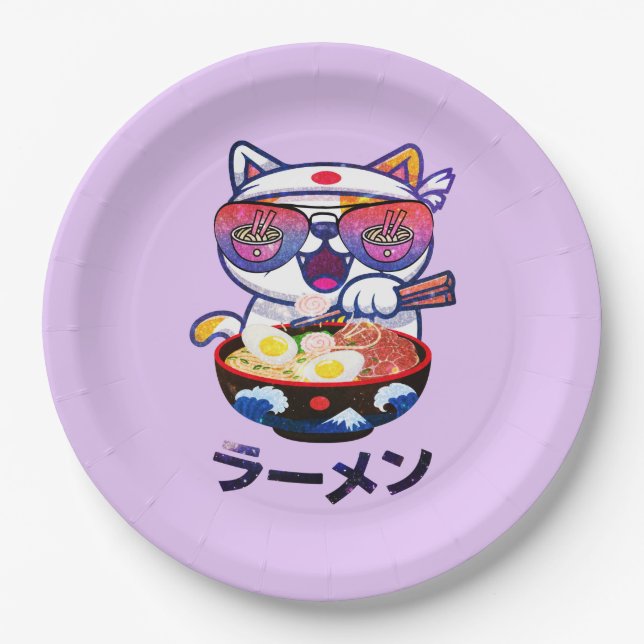 Prato De Papel Kawaii Cat Eating Ramen - Bonitos Noodles Japonese (Frente)