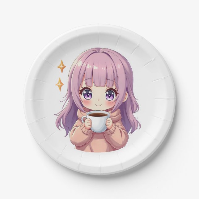Prato De Papel Kawaii Cozy Coffee Girl – Pastel Aesthetic sticker (Frente)