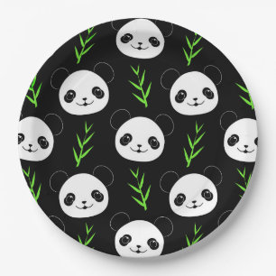 Prato De Papel Kawaii Panda Pattern Bamboo Em Verde Branco Negro