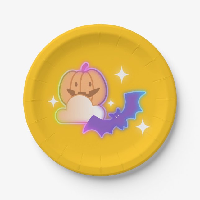 Prato De Papel Kawaii Pumpkin & Bat Halloween Placa (Frente)