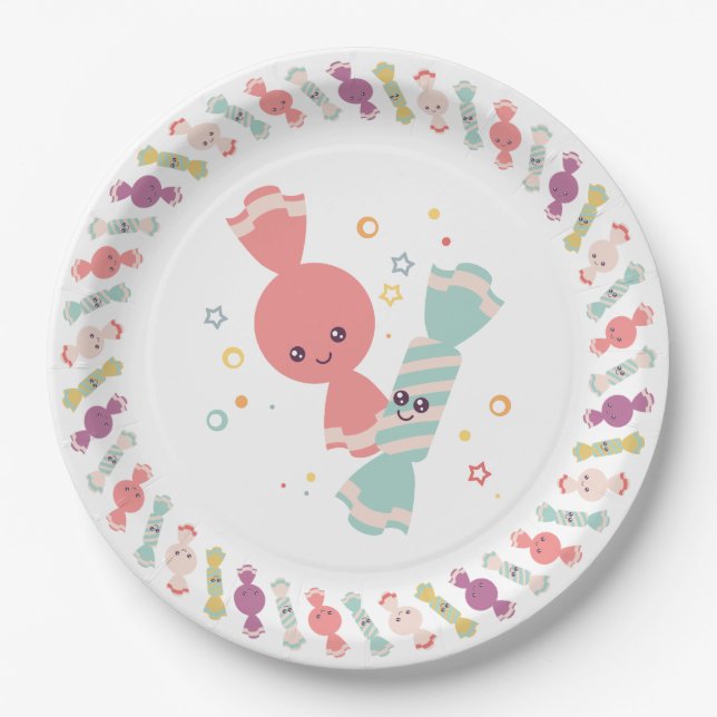 Prato De Papel Kawaii sorrindo Chapas de Papel Doces (Frente)