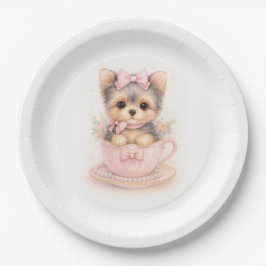 Prato De Papel Kawaii Yorkie Teacup Birthday Paper Plate