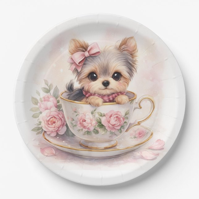 Prato De Papel Kawaii Yorkie Teacup Birthday Paper Plates (Frente)