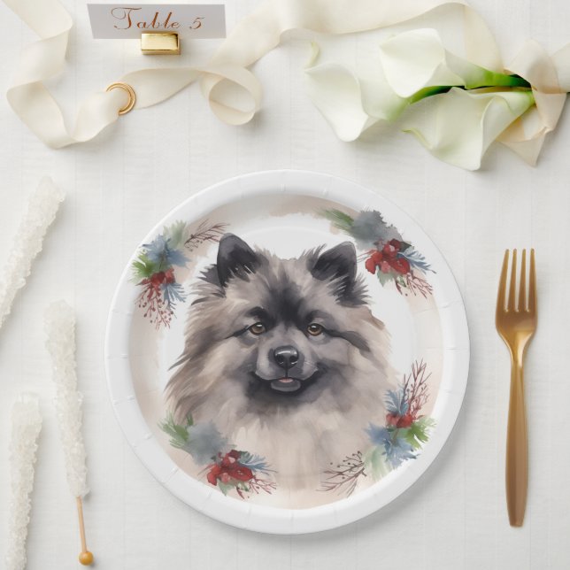 Prato De Papel Keeshond Christmas Wreath Festivo Pup (Casamento)