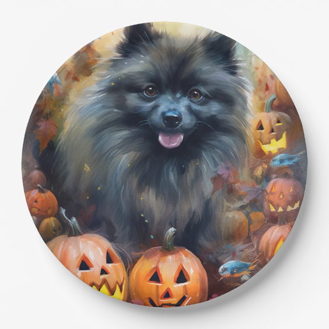 Prato De Papel Keeshond de Halloween com Abóboras Assustadoras (Frente)
