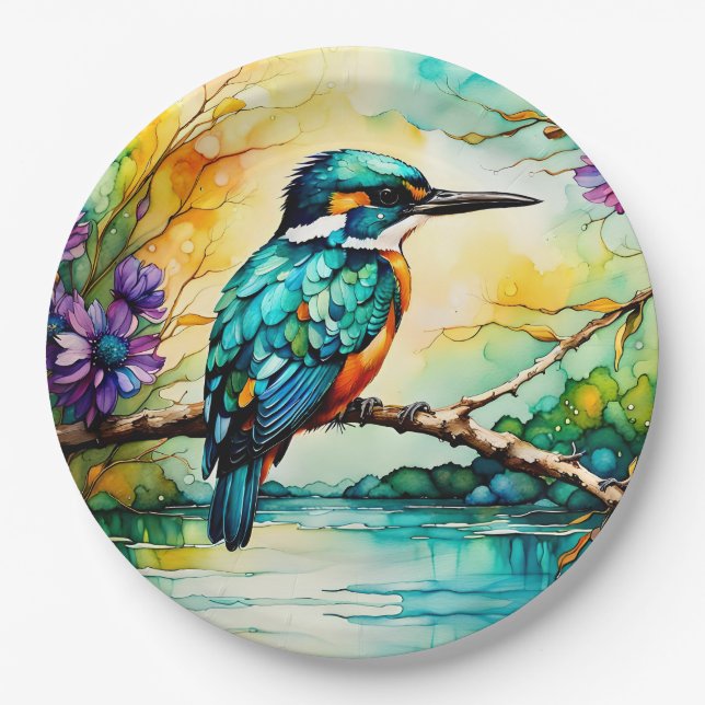 Prato De Papel Kingfisher sobre Água e Flores Selvagens (Frente)