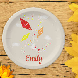 Prato De Papel Kites Beige Kids Feliz Festa de Aniversário