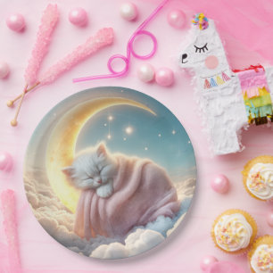 Prato De Papel Kitten Dormindo em uma lua crescente