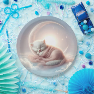 Prato De Papel Kitten Dormindo em uma lua crescente
