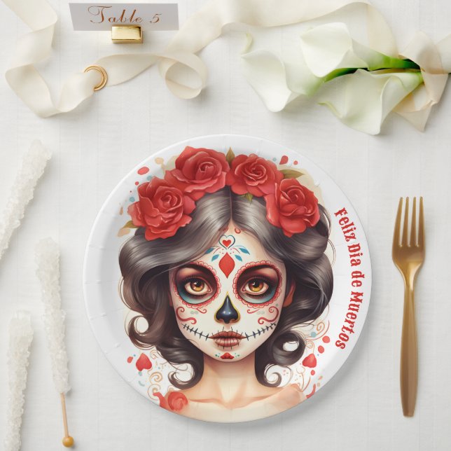 Prato De Papel La Calavera Catarina 💀 en Flores Rojas 🌹 (Casamento)