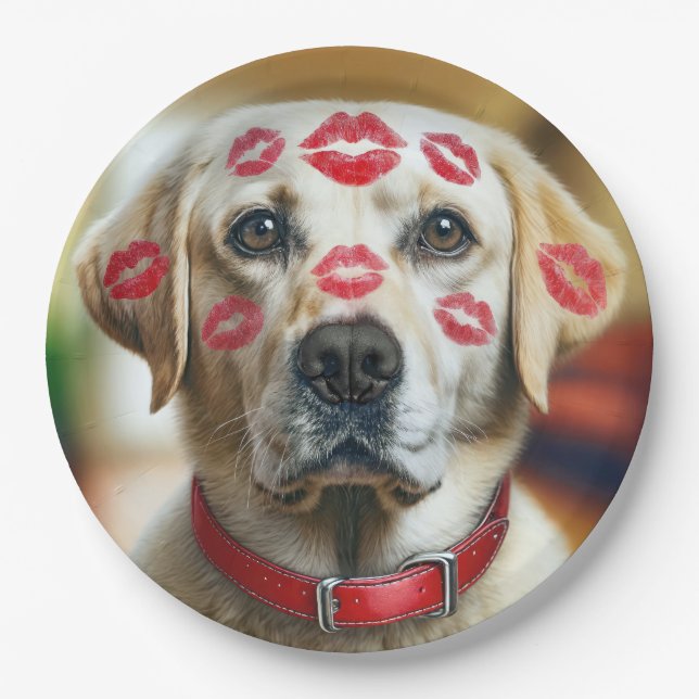 Prato De Papel Labrador Retriever Com Beijos de Lábios Vermelhos (Frente)