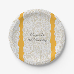 Prato De Papel Lace Amarelo e Branco Brilhante Elegante Festa Rús
