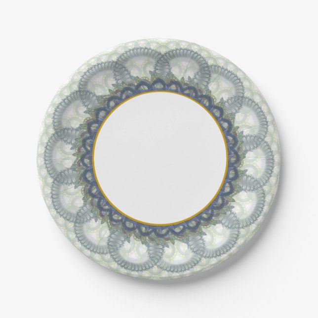 Prato De Papel Lace azul com folhas de papel Douradas (Frente)