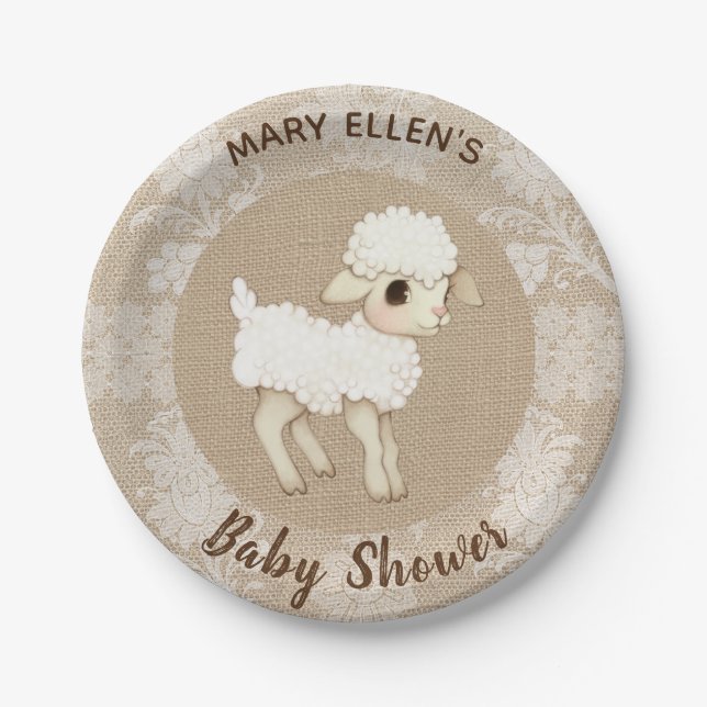 Prato De Papel Lace Burlap Little Lamb Paper Placa (Frente)