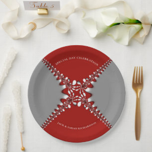 Prato De Papel Lace Fractal de Batik Vermelho e Prata