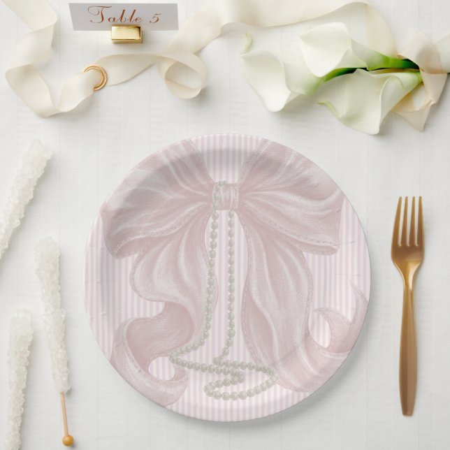 Prato De Papel Laço Listrado Rosa e Colar de Pérola (Casamento)