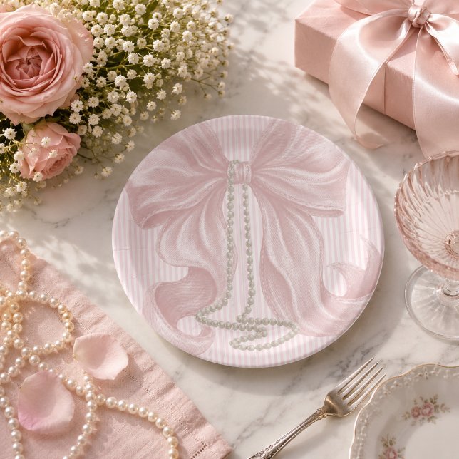 Prato De Papel Laço Listrado Rosa e Colar de Pérola (Criador carregado)
