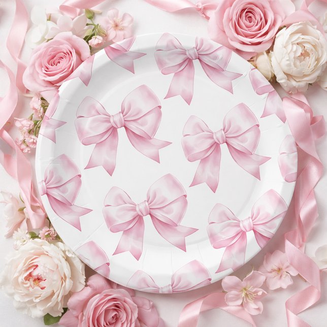 Prato De Papel Laço Rosa Bebê Menina Chás de Bebê Elegantes (Pink Bow Baby Girl Elegant Baby Shower Paper Plates)