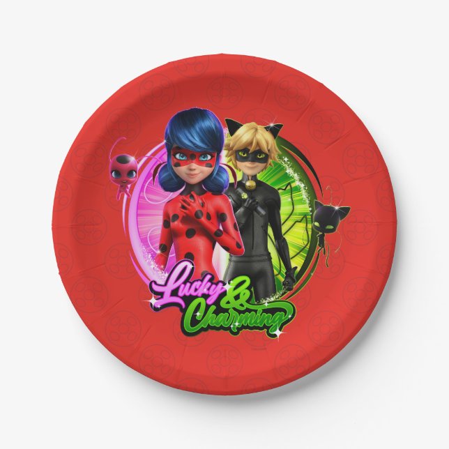 Prato De Papel Ladybug e Cat Noir | Sortudo e encantador (Frente)