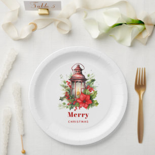 Prato De Papel Lanterna de Natal Vermelho Poinsettia e Pinheiro