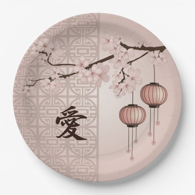 Prato De Papel Lanternas de rendas castanhas e flores "Amor" (Frente)